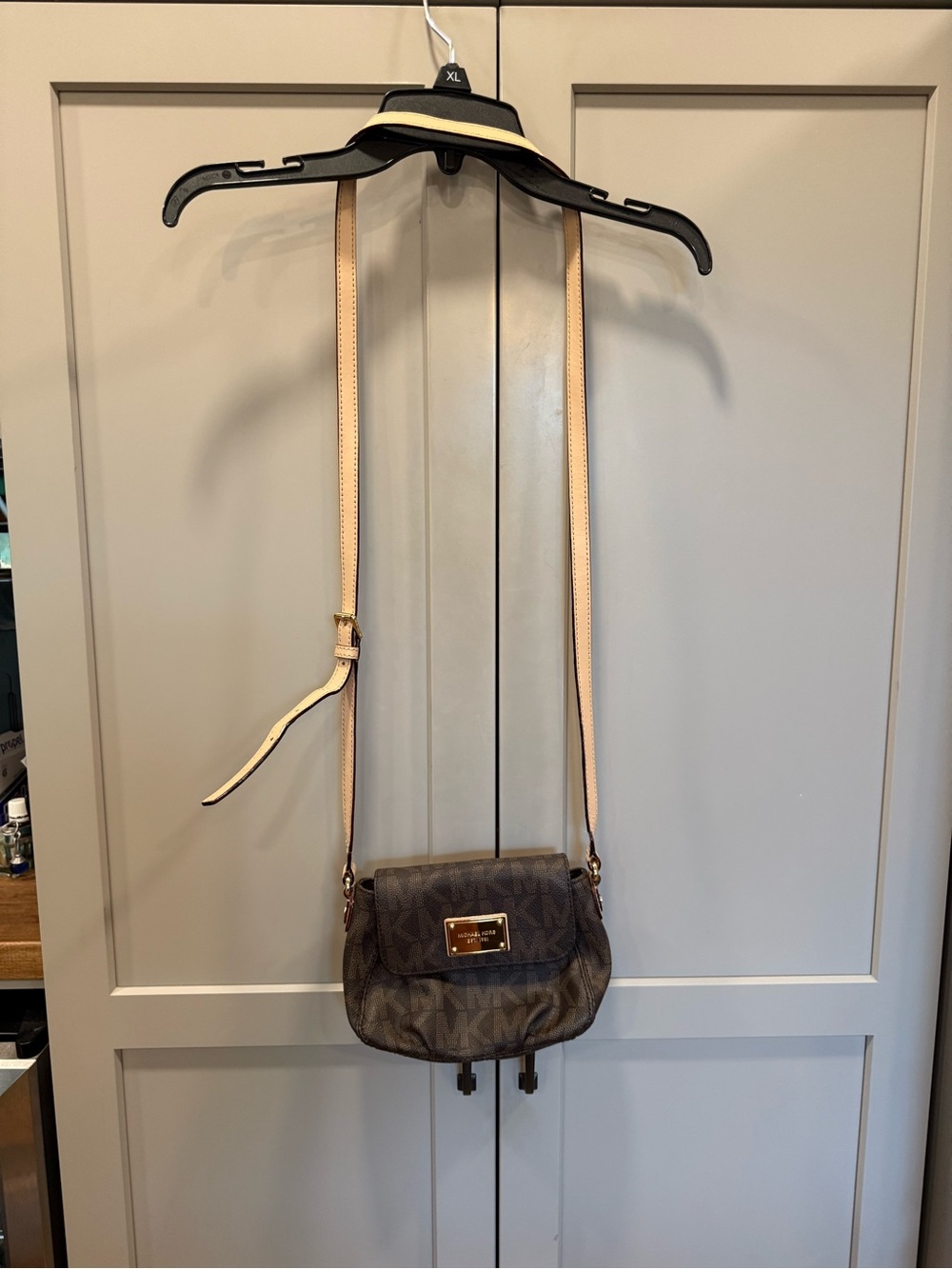 Michael Kors Brown Monogram Crossbody with Beige Strap and Gold Plate